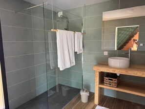 Shower, hair dryer, towels, toilet paper