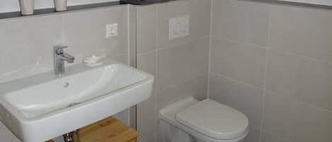 A bathroom with a white sink, a mirror, a toilet, and a small trash bin.