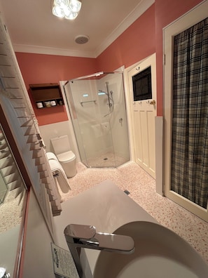 Shower, hair dryer, towels, soap