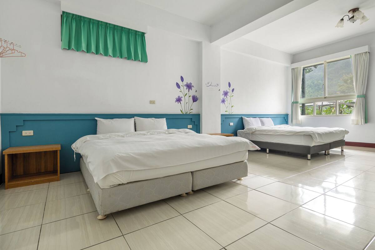 Une chambre avec deux lits, un rideau vert et une fenêtre également dotée de rideaux.
