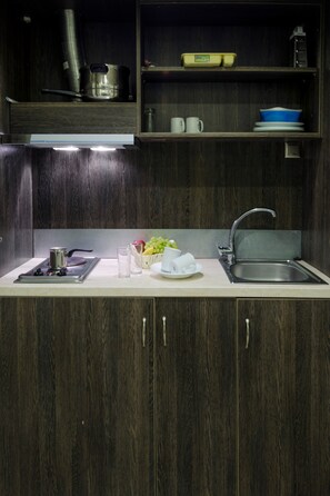 Fridge, stovetop, cookware/dishes/utensils
