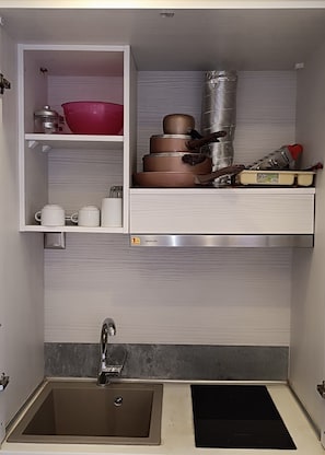 Fridge, stovetop, cookware/dishes/utensils