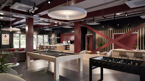 A modern indoor space with a pool table, foosball table, and a bar area. - Student Only Exchange Court (Leeds)