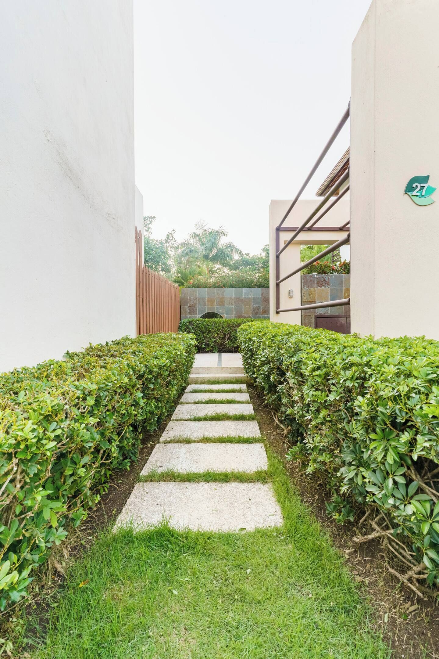 A pathway flanked by neatly trimmed hedges leading to a building entrance.