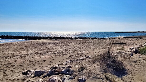Ein Sandstrand mit felsiger Küste und blauem, wolkenlosem Himmel.