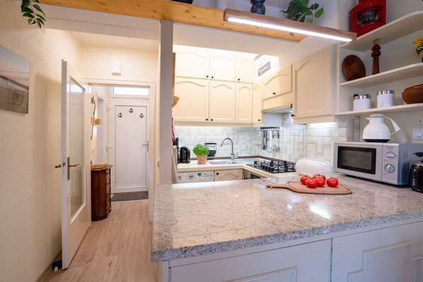 Fridge, microwave, oven, stovetop