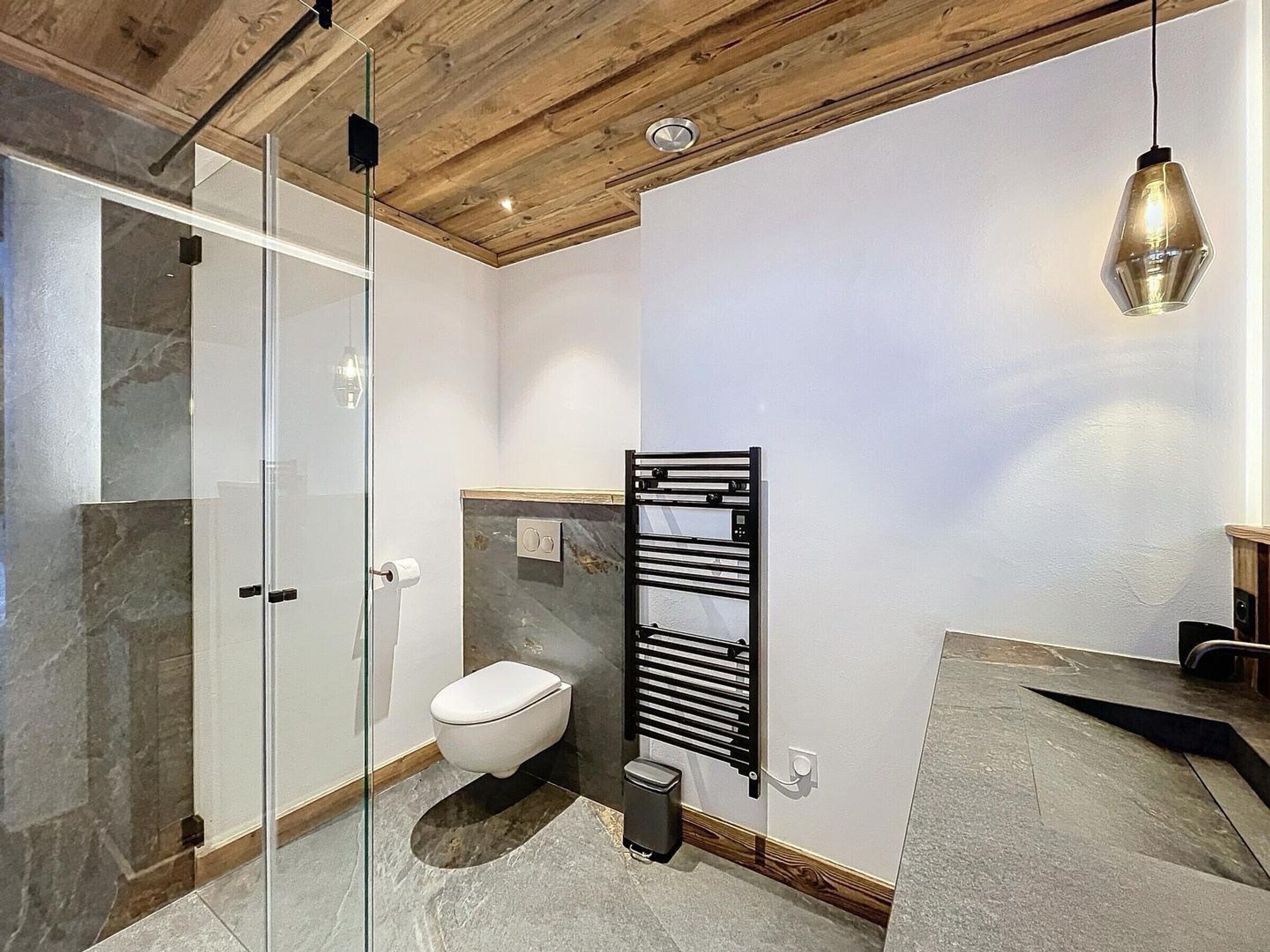 Ein modernes Badezimmer mit Duschkabine aus Glas, Toilette und Handtuchhalter.