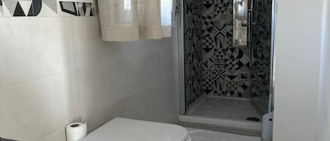 Hair dryer, towels, soap, toilet paper