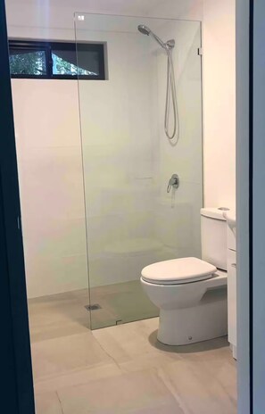 Shower, towels, soap, toilet paper