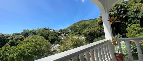 Un balcon doté d’une balustrade blanche, qui offre une vue sur une colline verdoyante parsemée de maisons.