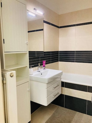 Hair dryer, towels, soap, toilet paper