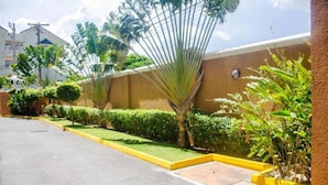 A residential area with a paved road, a yellow curb, and a variety of greenery including trees and shrubs.