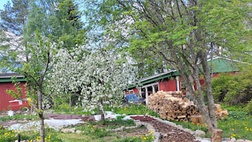 A garden with a stone pathway, flowering trees, and a red building in the background.