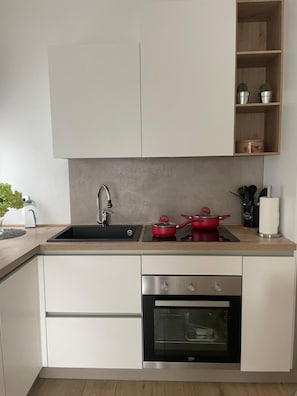 Fridge, microwave, oven, stovetop