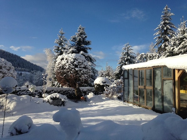 A snow-covered landscape with a glass greenhouse structure.