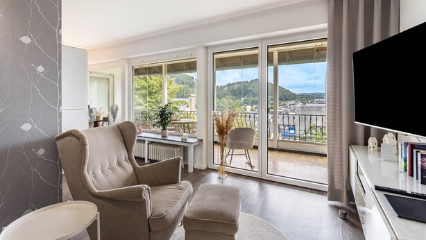 A modern living room with a sofa, armchair, and a flat-screen TV. - Apartment '7' with Shared Garden and Wi-Fi (Willingen (Upland))