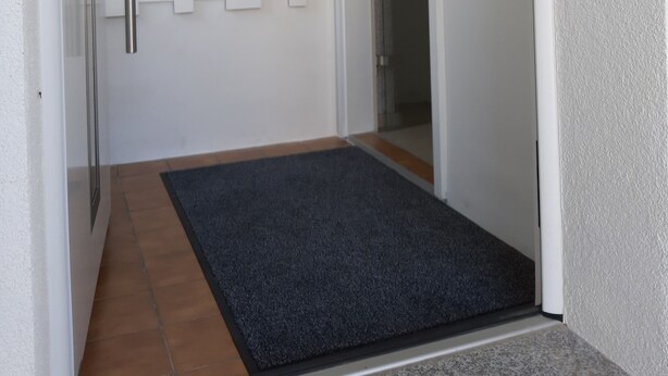 Un pasillo con un felpudo oscuro en la entrada, paredes blancas y una puerta que da a una habitación.