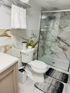 Hair dryer, towels, soap, toilet paper