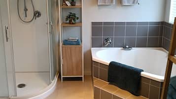 Hair dryer, towels, soap, shampoo