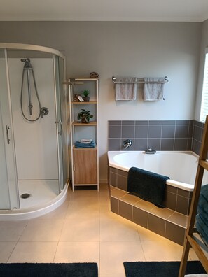 Hair dryer, towels, soap, shampoo