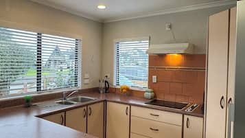 Fridge, microwave, electric kettle, toaster