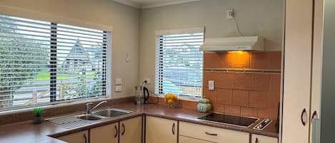 Fridge, microwave, electric kettle, toaster