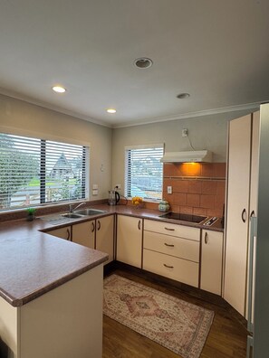 Fridge, microwave, electric kettle, toaster