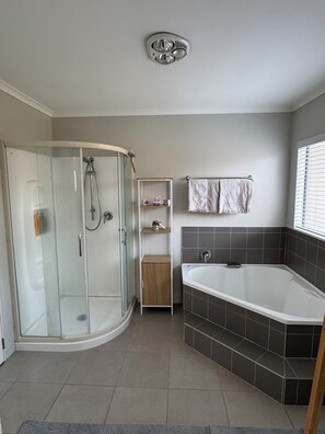 Hair dryer, towels, soap, shampoo