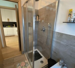 Shower, hair dryer, bidet, towels