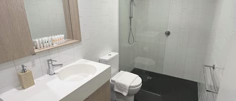 Shower, hair dryer, towels, soap