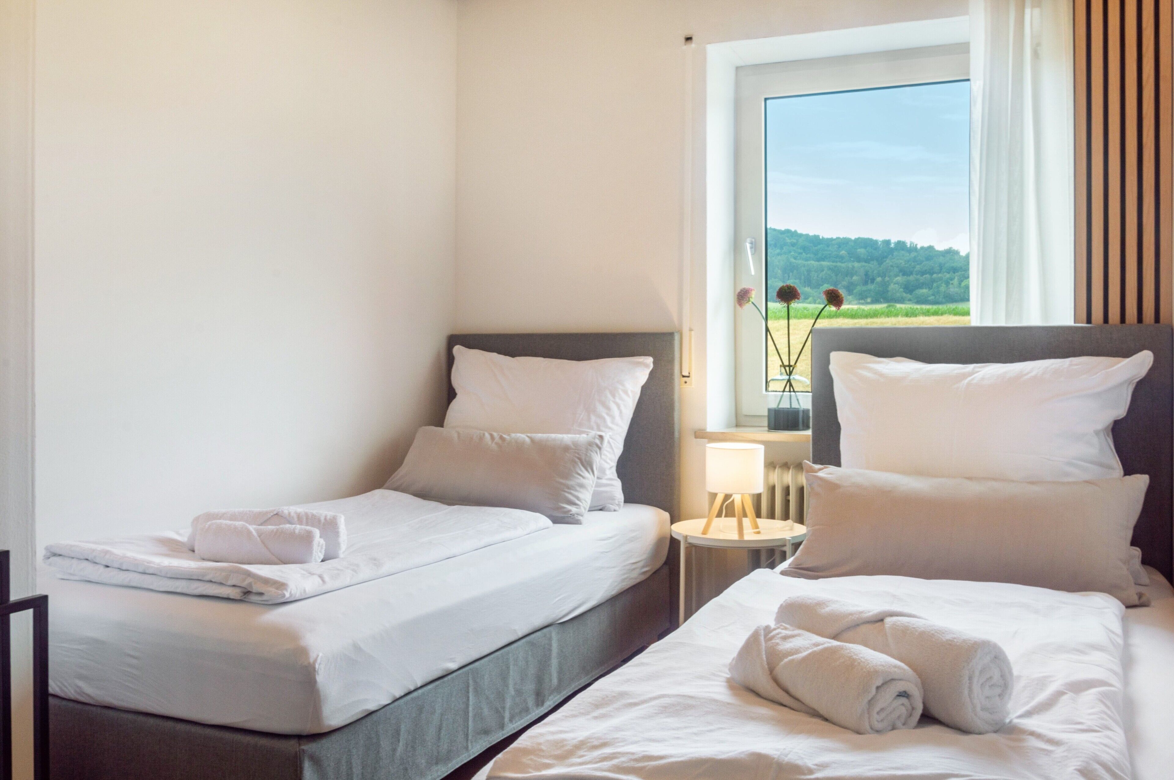 Une chambre d’hôtel avec deux lits, une fenêtre donnant sur un espace verdoyant et une table de chevet avec une lampe.