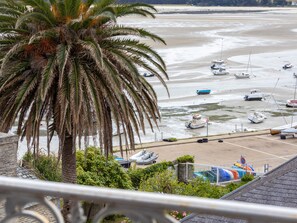 Vista sulla costa con barche, una palma e un'area di parcheggio.