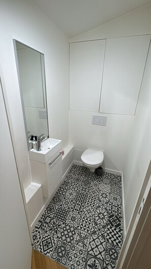 Hair dryer, towels, soap, toilet paper