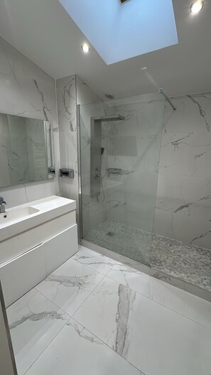 Hair dryer, towels, soap, toilet paper