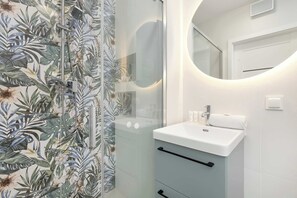 Douche, séchoir à cheveux, serviettes fournies