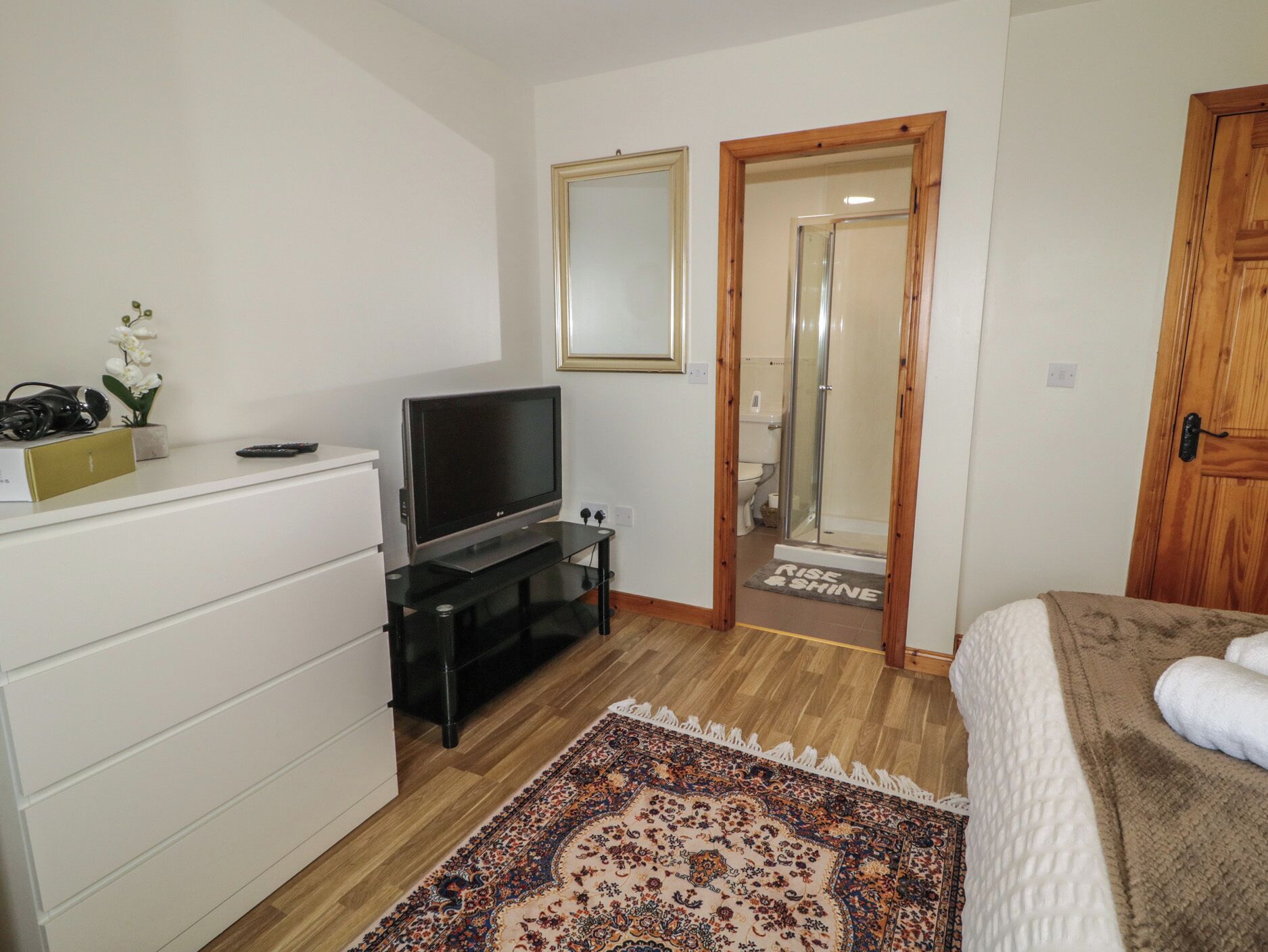 A bedroom with a TV, a wooden door, a mirror, and a patterned rug.
