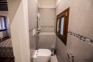 Shower, hair dryer, bidet, towels