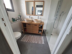 Shower, hair dryer, toilet paper