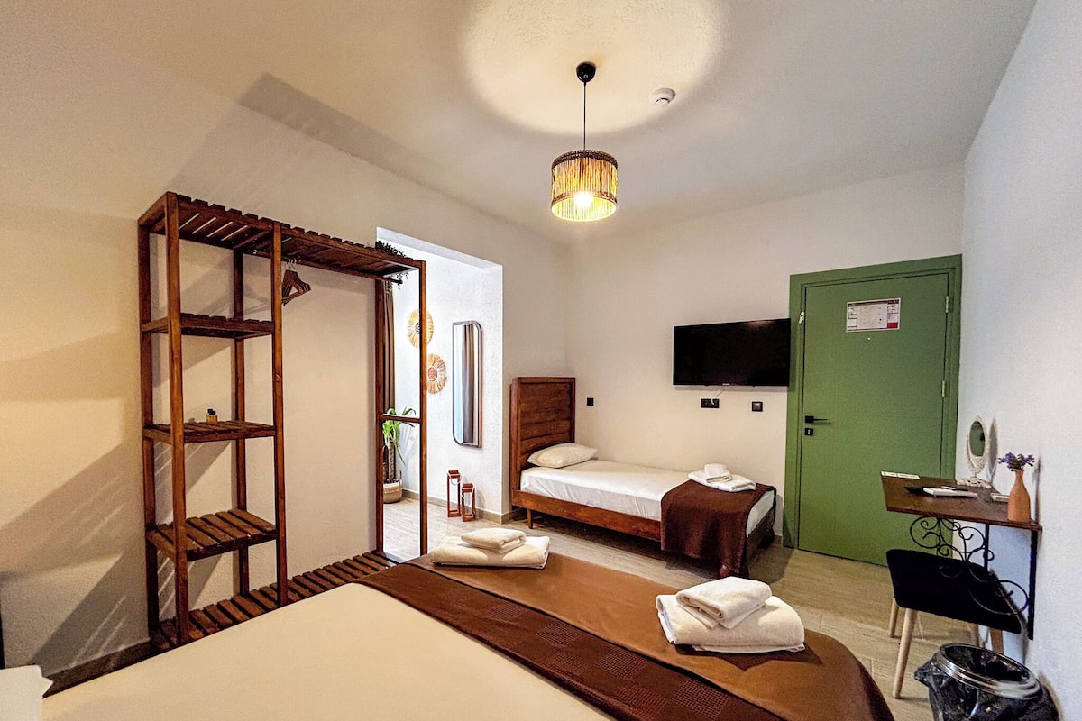 Una habitación de hotel con cama, estante de madera, escritorio con silla, televisor y puerta verde.