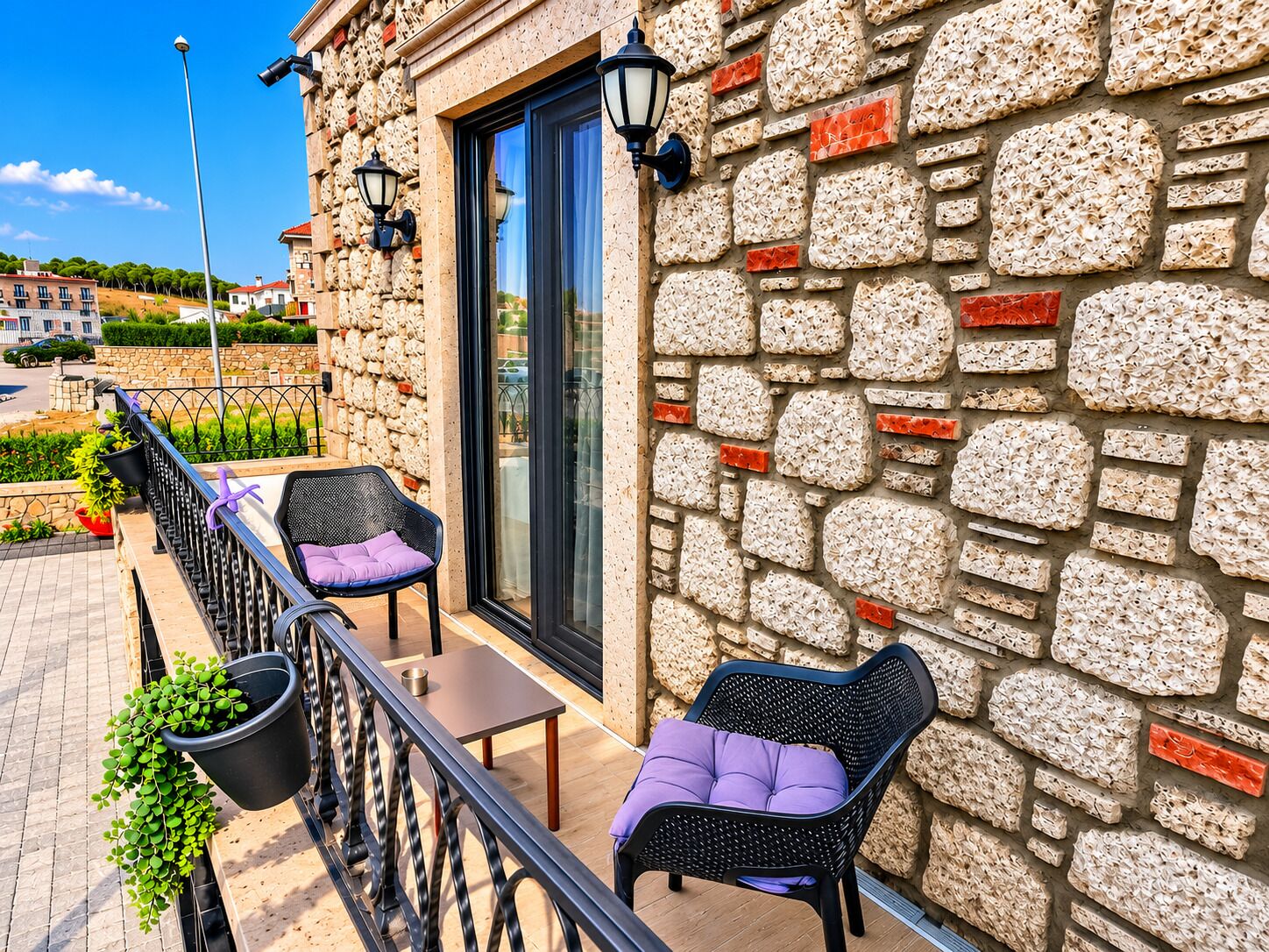 A balcony with wicker furniture and potted plants.