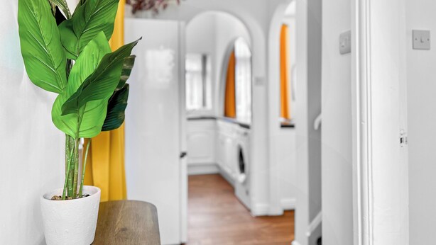 Una cocina moderna con armarios blancos, encimera de madera y una planta en maceta sobre un taburete de madera.