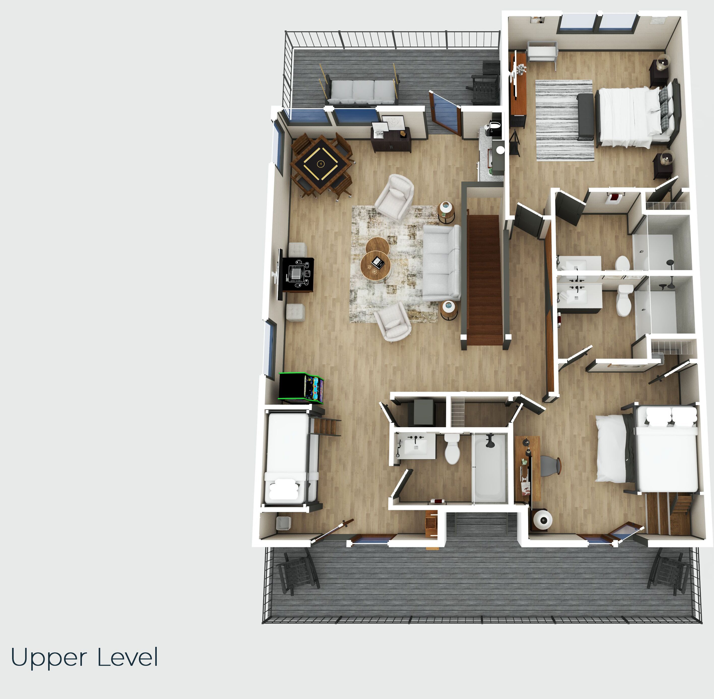 An upper level floor plan of a hotel room with a living area, a separate bedroom, a bathroom, and a balcony.