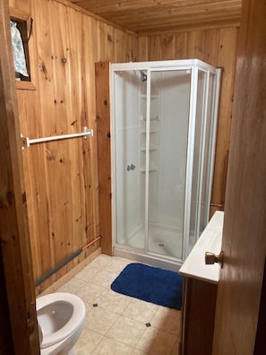 Dusche, Haartrockner, HandtĂŒcher, Toilettenpapier