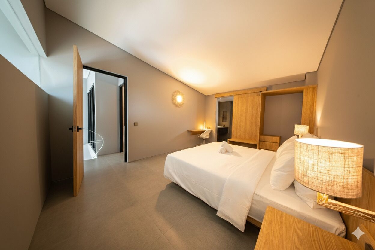 Moderni hotellihuone, jossa on sänky, yöpöytävalaisimet, puinen pääty ja näkymä käytävälle.
