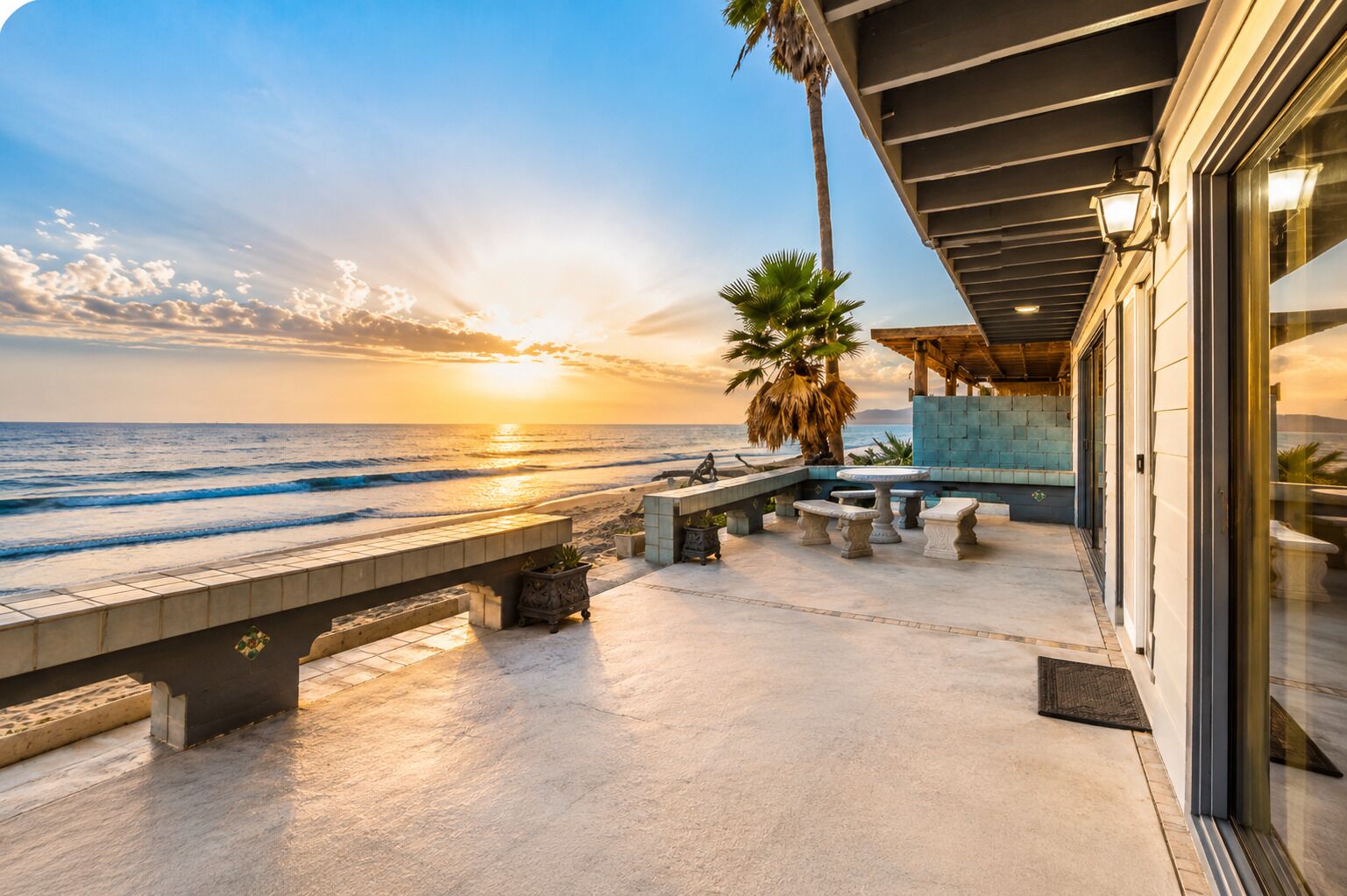 A beachfront patio with a view of the ocean, a palm tree, and a building with a modern design.