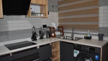 Frigorífico, microondas, horno y placa de cocina