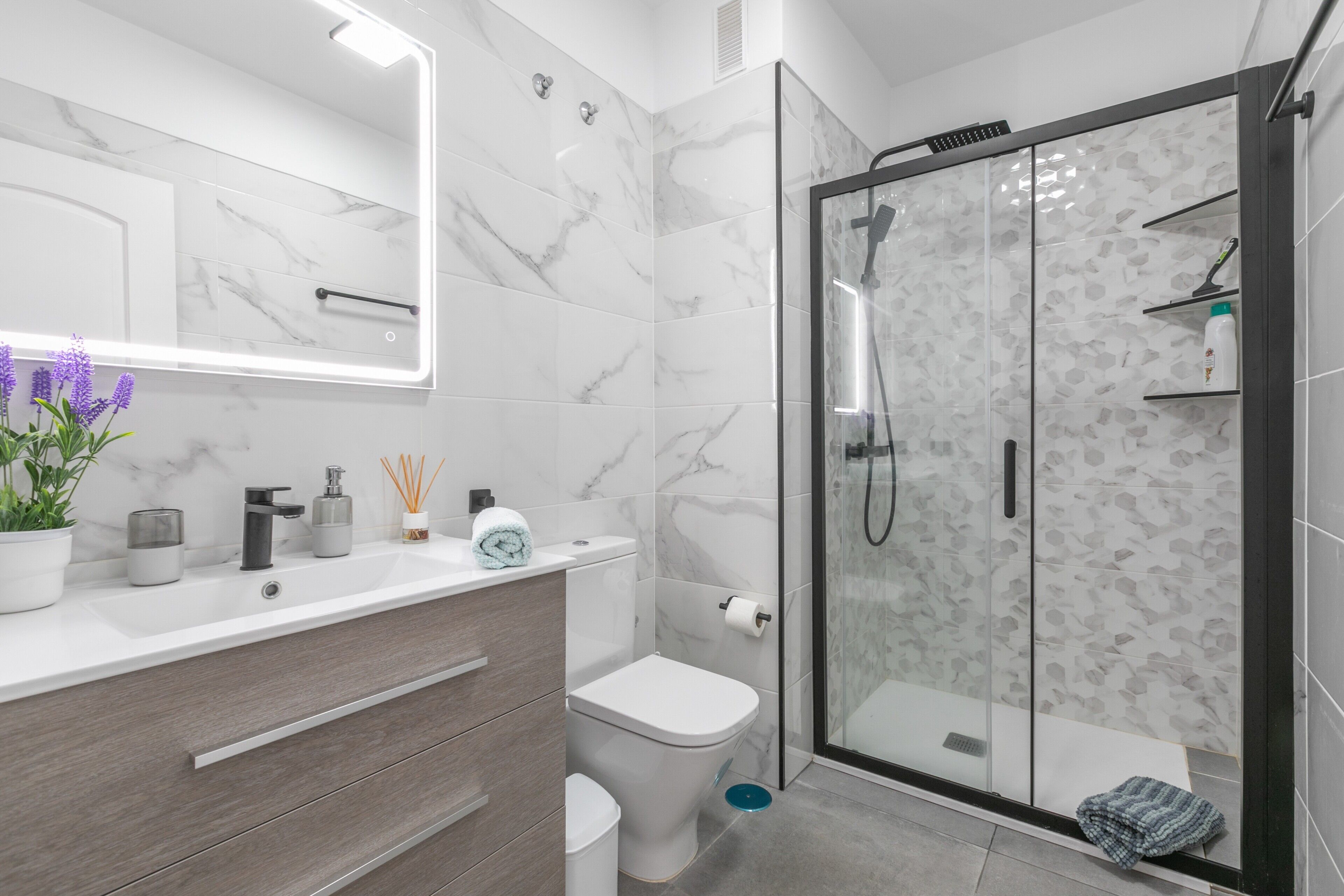Shower, hair dryer, towels