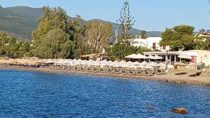 Una zona costera con playa, sombrillas y edificios.