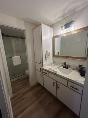 Shower, hair dryer, towels, soap