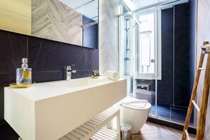 Shower, hair dryer, towels